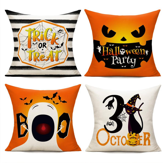 All Smiles Halloween Decorative Throw Pillow Covers 18X18 Set of 4 Fall Outdoor Indoor Orange and Black Halloween Decorations Ghost Cat Pillow Cases Ghost Cushion Home Decor Couch Sofa Bed
