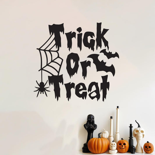 Vinyl Wall Art Decal - Trick or Treat Spider and Bats - 16" x 17" - Trendy Spooky Cool Halloween Season Design Sticker for Home Living Room Windows Entry Doors Storefront Coffee Shop School Decor