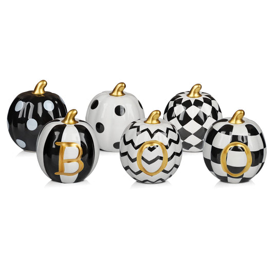 DAZONGE Halloween Decorations Indoor - Set of 6 Ceramic Halloween Pumpkin Decor - Assorted Black and White Boo Pumpkins for Fall Autumn Home Decor
