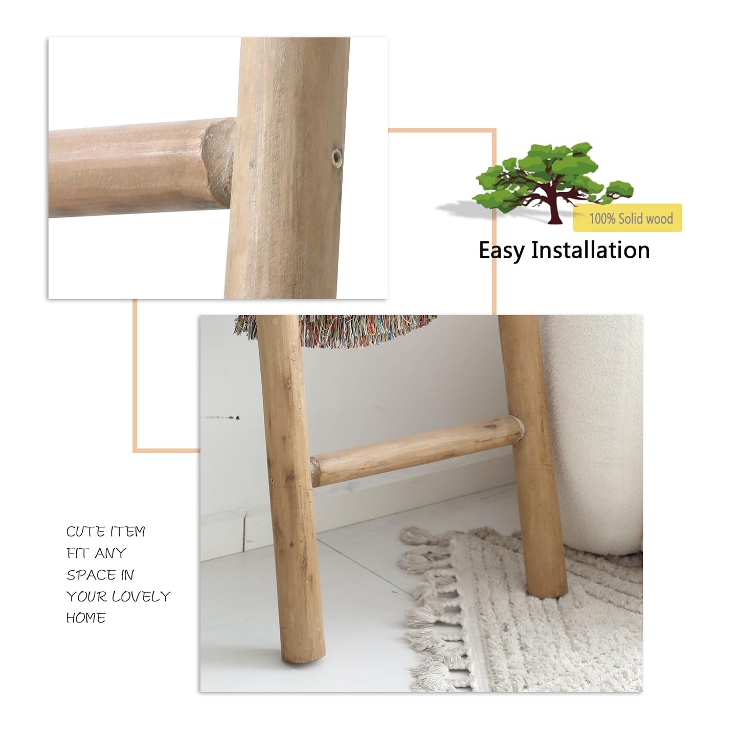 FUIN Blanket Ladder, 57in Rustic Solid Wood Decorative Ladder, Brown