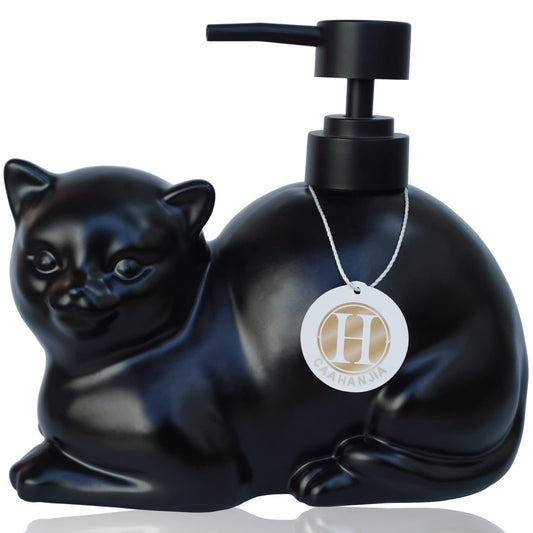 Caahanjia Black Liquid Soap Dispenser, Ceramic Cat, Refillable Wash Liquid Soap Hand Soap for Bathroom Kitchen