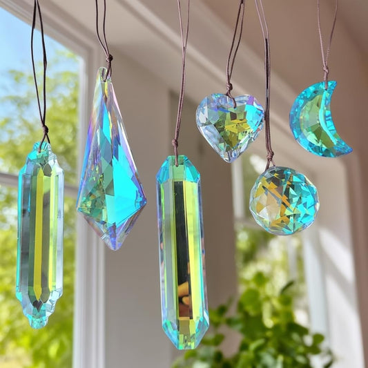 6PCS Crystal Sun Catcher Prisms, AB Colored Suncatcher Crystals Outdoor Indoor Window Hanging Christmas Ornaments Rainbow Maker Prisms for Home Garden Decor