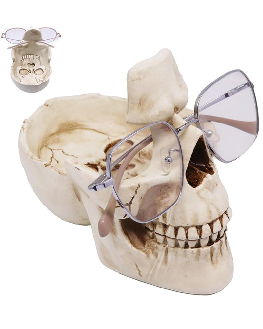 Buminee Glasses Holder for Nightstand, Creative Glasses Stand, Skull Glasses Holder, Skull Resin Sculpture for Home, Office - White
