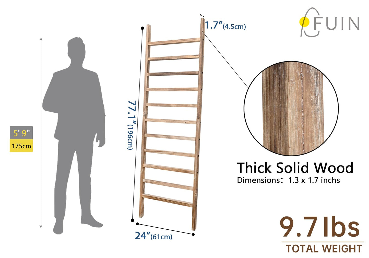 FUIN 6.4ft Extra Wide Wooden Blanket Ladder Living Room Decorative Wal Leaning Farmhouse Quilt Display Holder Rustic Wood Towel Rack for Bathroom, Burnt Brown, 24 inch Wide with 11 Rungs