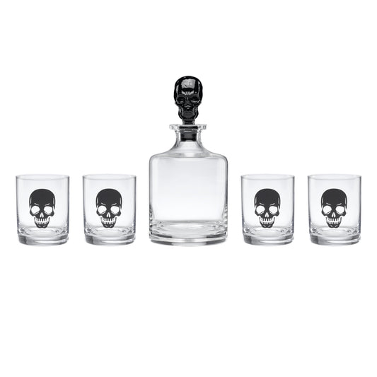 Oneida Barware, 5-Piece Skeleton Whiskey Set, 4 Drinking Glasses & 1 Decanter, Dishwasher Safe, Halloween Decor Indoor, Halloween Table Decorations for Party, Skeleton Themed (4 Glasses, 1 Decanter)