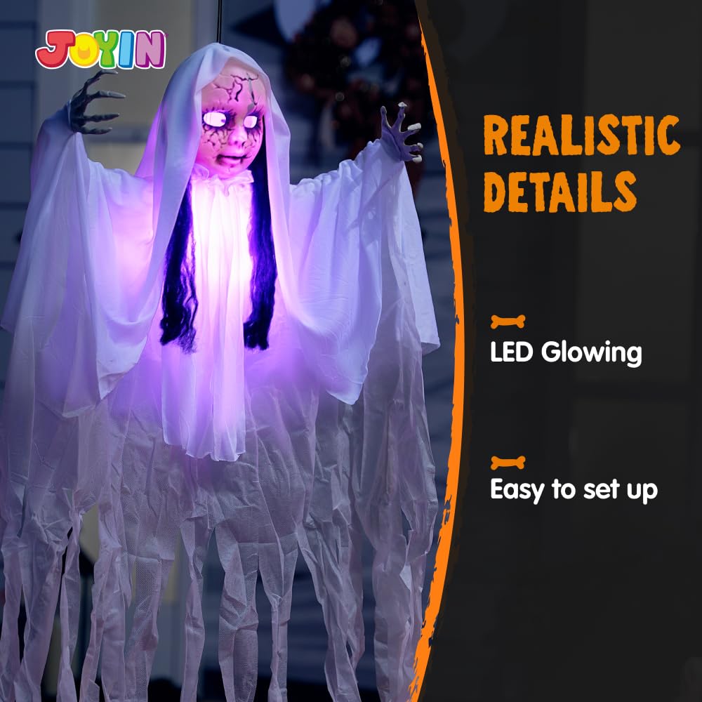 JOYIN 43" Outdoor Halloween Decoration, Scary Girl Hanging Ghost Decor with Light-up Head for Yard, Patio, Haunted House Lawn Garden