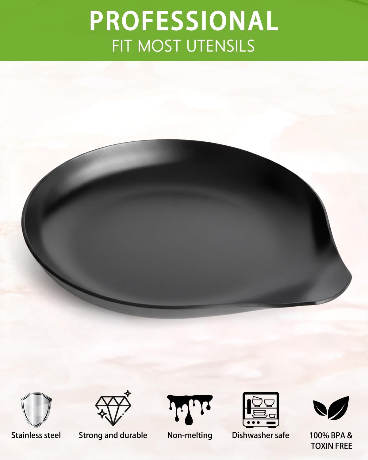 VanlonPro Stainless Steel Spoon Rest, Spatula Ladle Holder, Stainless Steel Utensil Spoon Rest Holder, Brushed Finish, Dishwasher Safe 5.9 x 5.1 Inch (Round Black 1PC)