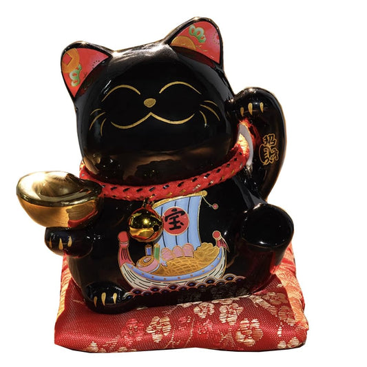 FANCYPUMPKIN 4.5 inch Lucky Cat Decoration Asian Good Fortune Cat - Glossy Black Ceramic Figurine