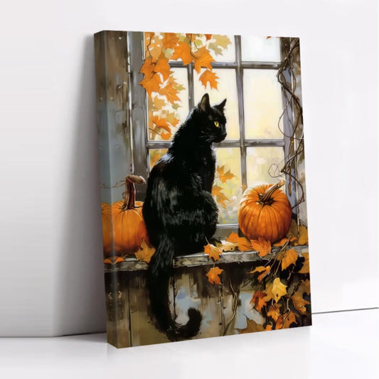 CCWORKERRY Black Cat and Pumpkin Wall Art Framed Autumn Animal Canvas Prints Halloween Thanksgiving Day Pictures Fall Farmhouse Decor(Orange,12" x 18")
