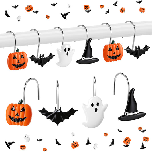 Yungyan 12 Pcs Halloween Ghost Shower Curtain Hooks Pumpkin Curtain Hangers Bat Witch Decorative Rings Accessories for Halloween Bathroom Restroom Decor