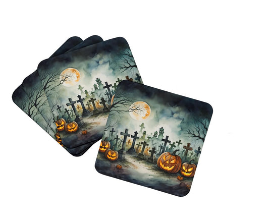 Caroline's Treasures Graveyard Spooky Halloween Foam Coaster Set of 4 Cup Coasters for Indoor and Outdoor, Coaster for Tabletop Protection, Anti Slip, Mouse pad Material