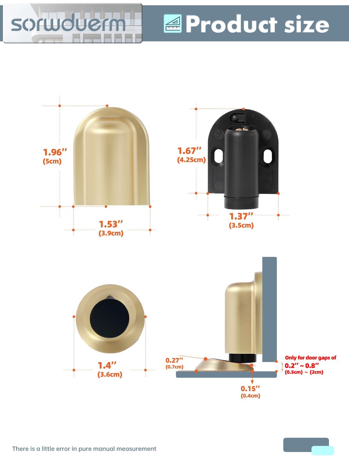 SORWDUERM 2 Pack Gold Door Stopper Magnetic Door Cathc Brushed Gold Floor Mounted Door Stop Keep Door Open with Screws and Adhesive No Drilling