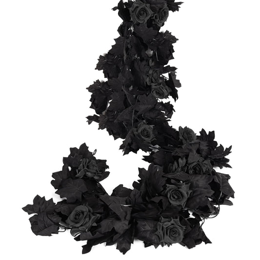RECUTMS Black Artificial Flower Garland Fake Rose Vine Hanging Rose Vines Fall Maple Garland with Floral,Black Hanging Flowers for Gothic Wedding Decor Autumn Party Halloween Decor