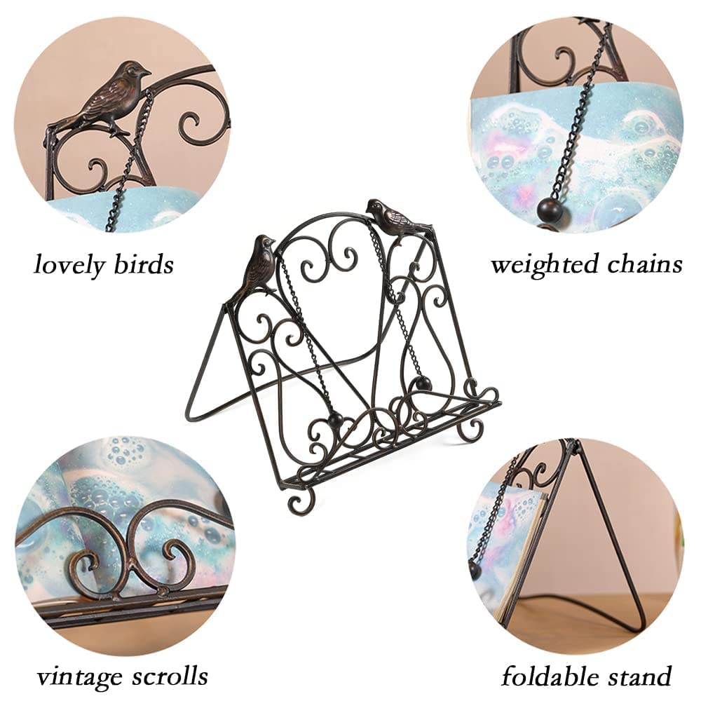 MOCOME Metal Cookbook Stand Clearance Recipe Book Holder for Kitchen (Birds/Vintage Scrolls, Bronze)