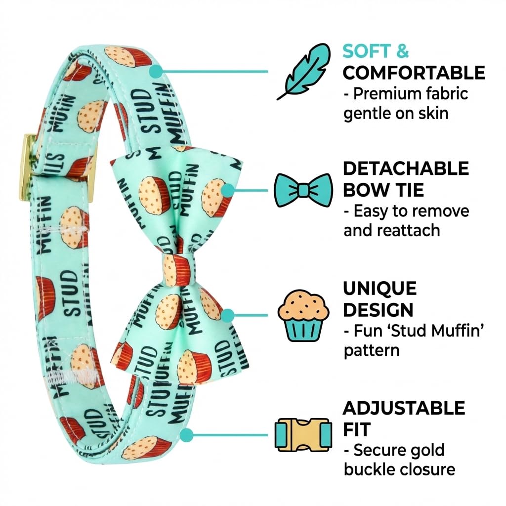 Stud Muffin Dog Bow Tie Dog Collar Accessory, Detachable Bowtie, Adjustable Collar for Small Medium Large Dogs