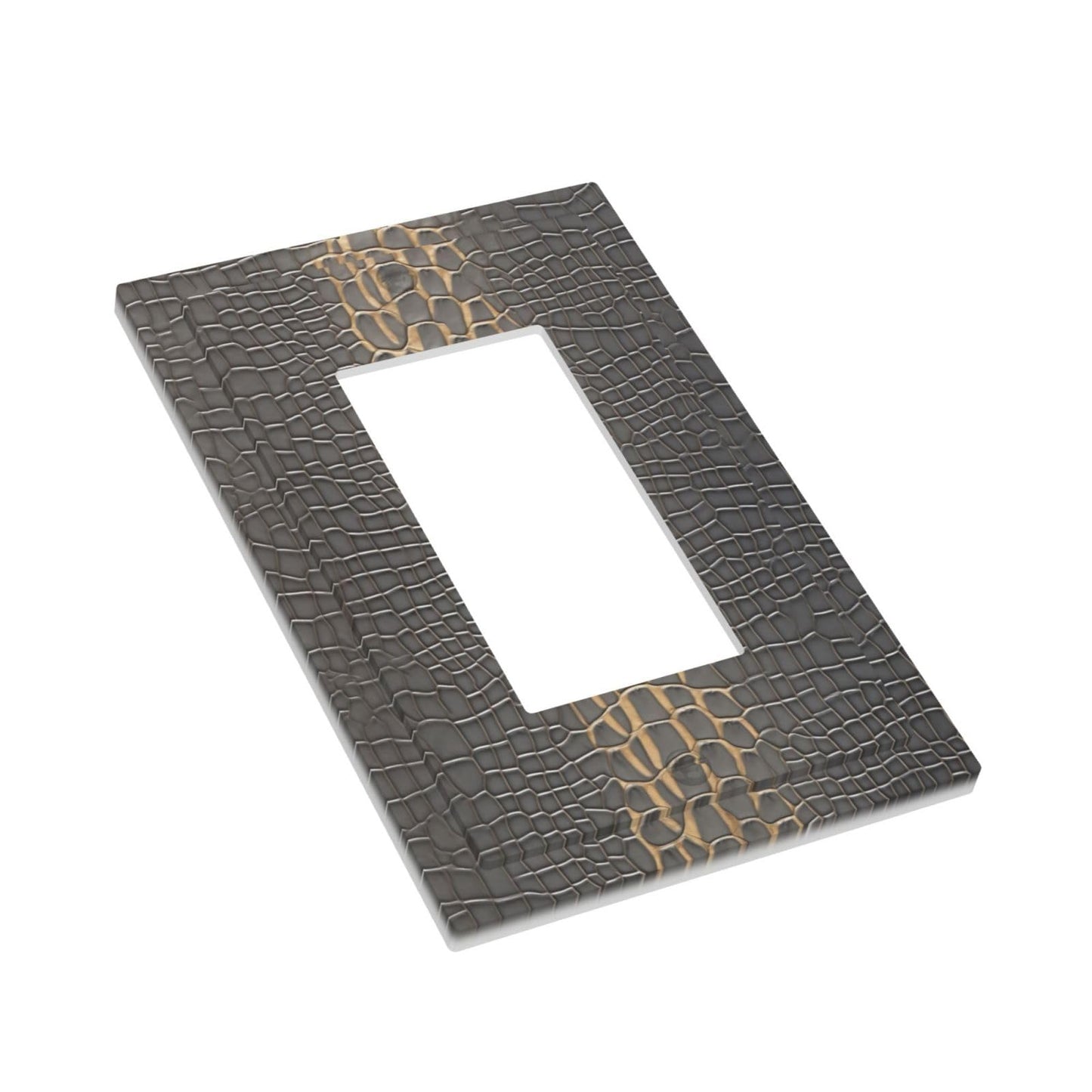 Faux Leather Crocodile Gray Gold Print Decorative Outlet Covers 1 Gang Single Rocker Light Switch Cover Plate Wall Plates GFCI Faceplate for Bedroom Home Decor