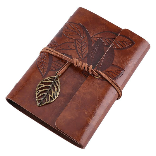 CALFOVERA A7 PU Leather Diary Vintage Writing Travel Business Work Notepad with Lined Pages Leaves Carving Leather Journal Notebook Binder Cover with Book Insert for Men Women(Brown)