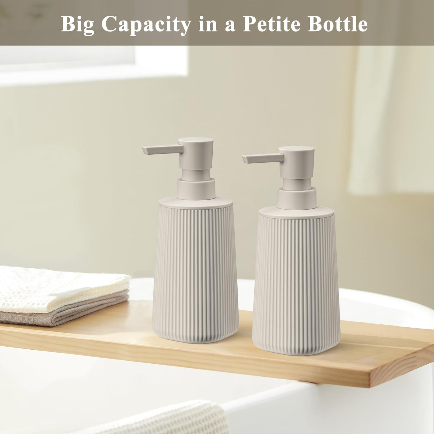 zuxzmj Beige 2 Pack Hand Soap Dispensers Set with No Rust Pump for Bathroom and Kitchen Countertops Refillable Matte Striped Plastic 8.5 oz
