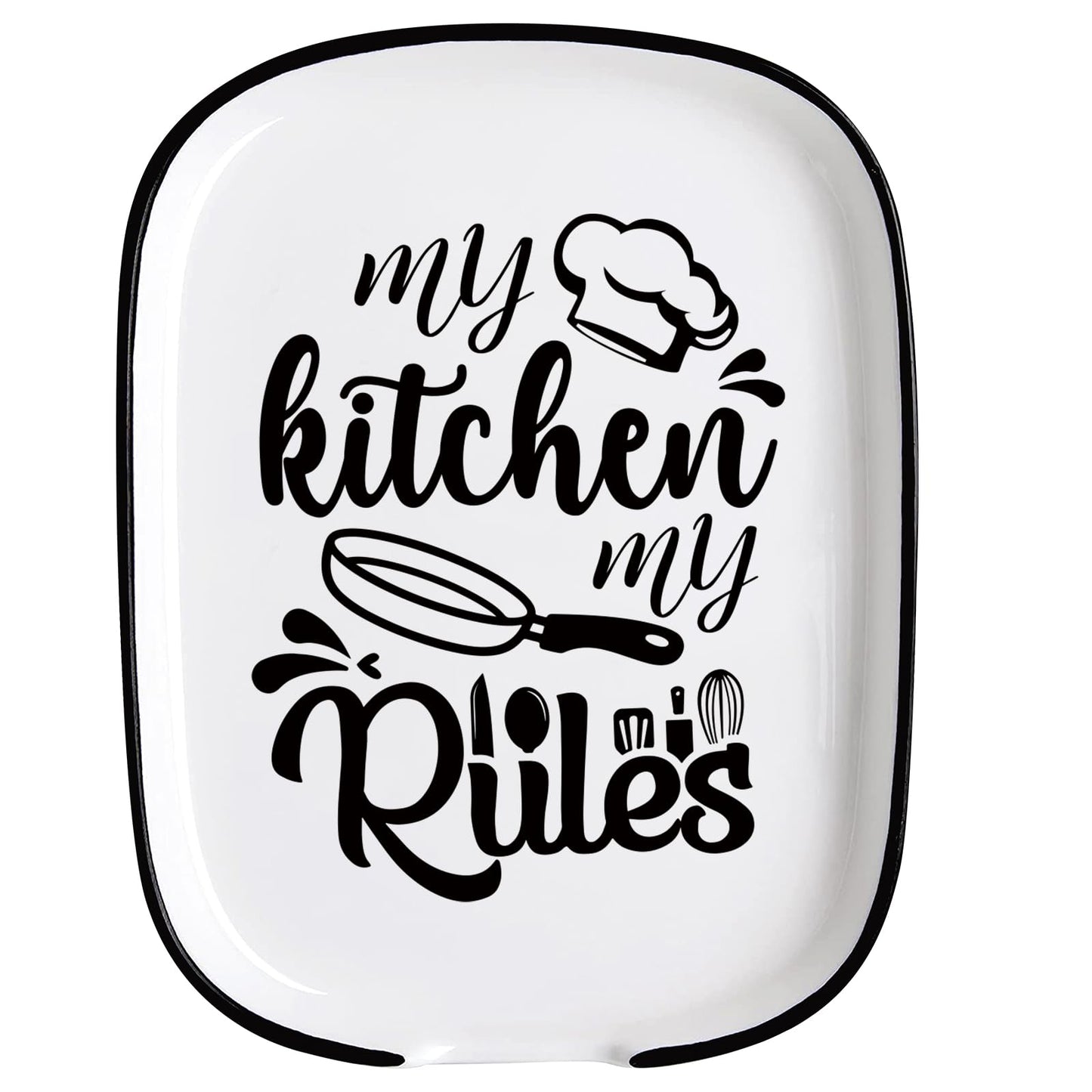 My Kitchen My Rules Spoon Rest for Stove Top, Large Ceramic Spoon Holder Cooking Utensil Rest, Funny Kitchen Decor for Cooking Lovers, Housewarming Gifts for Women Mom Friends