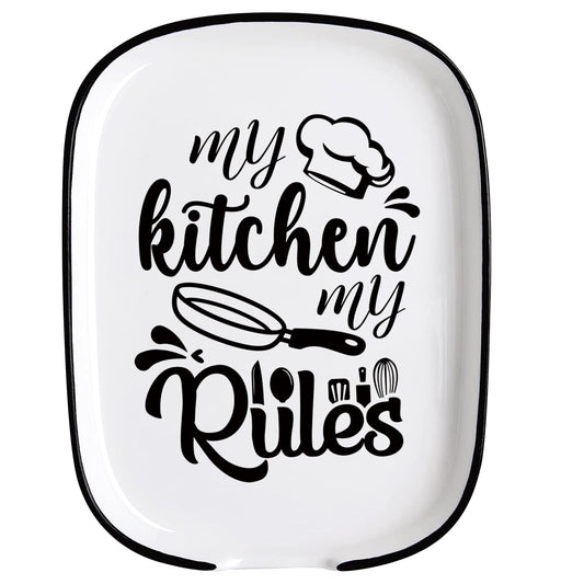My Kitchen My Rules Spoon Rest for Stove Top, Large Ceramic Spoon Holder Cooking Utensil Rest, Funny Kitchen Decor for Cooking Lovers, Housewarming Gifts for Women Mom Friends