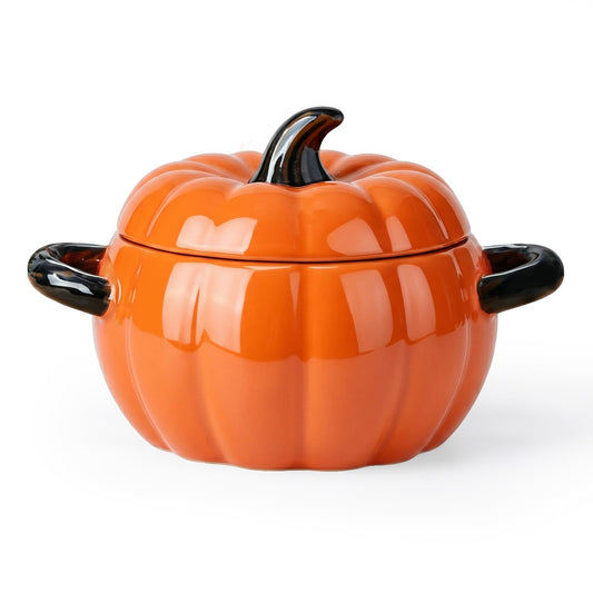 FTNESGYM Pumpkin Soup Bowl, 64oz Ceramic Pumpkin Pot Microwave & Dishwasher Safe Casserole Dish with Lid, Dutch Oven Pot Stockpot Cookware for Home Thanksgiving Halloween Party (Orange)