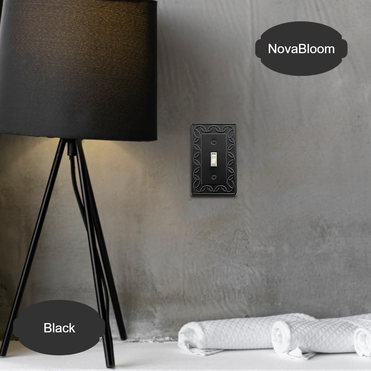 OKAWYC Single Duplex Outlet Cover Plate, 4-Pack Black NovaBloom Metal Wall Plate 1 Gang, Light Switch Cover, for Receptacle Light Switch, Switch Cover Decorative Wallplate, Durable