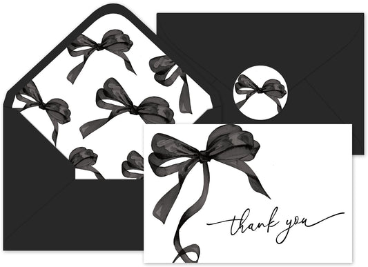 Whaline 24 Pcs Black Bow Thank You Cards with Envelopes and Stickers Watercolor Bow Greeting Cards Black Blank Note Card for Halloween Party Supplies