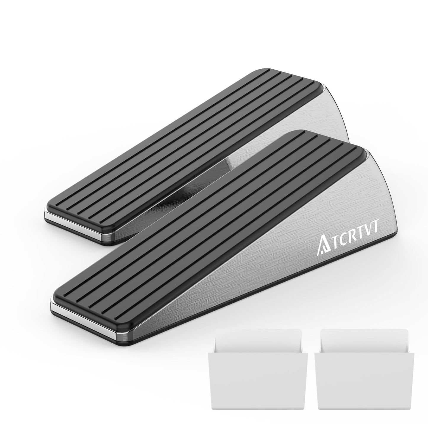 Heavy Duty Door Stopper Wedge - 2 Pack Big Size Door Stop Wedge Made of Aluminum Alloy Metal Suits Any Door, Any Floor with Set of 2 Plus Self-Adhesive Holder Satin Nickel Large Version