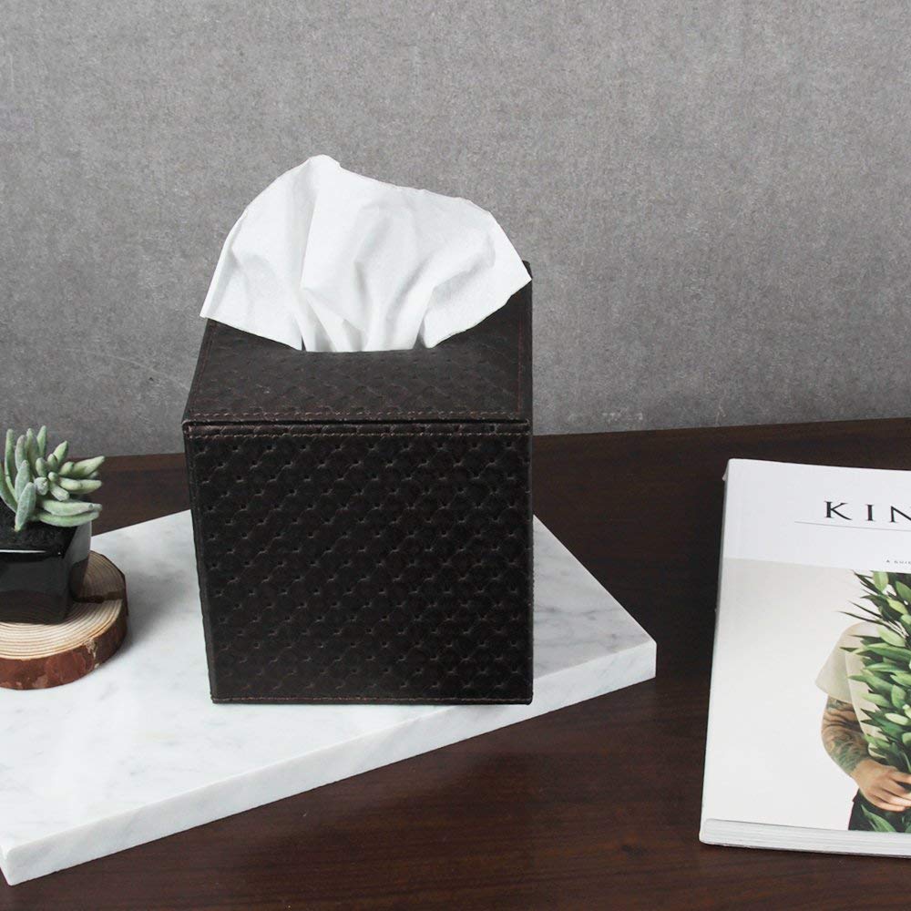 J JACKCUBE DESIGN Square Paper Facial Tissue Box Cover Holder for Bathroom Vanity Countertop, Bedroom Dressers, Napkin Holder with Strap on Bottom, Brown Quilted Faux Leather - MK272A