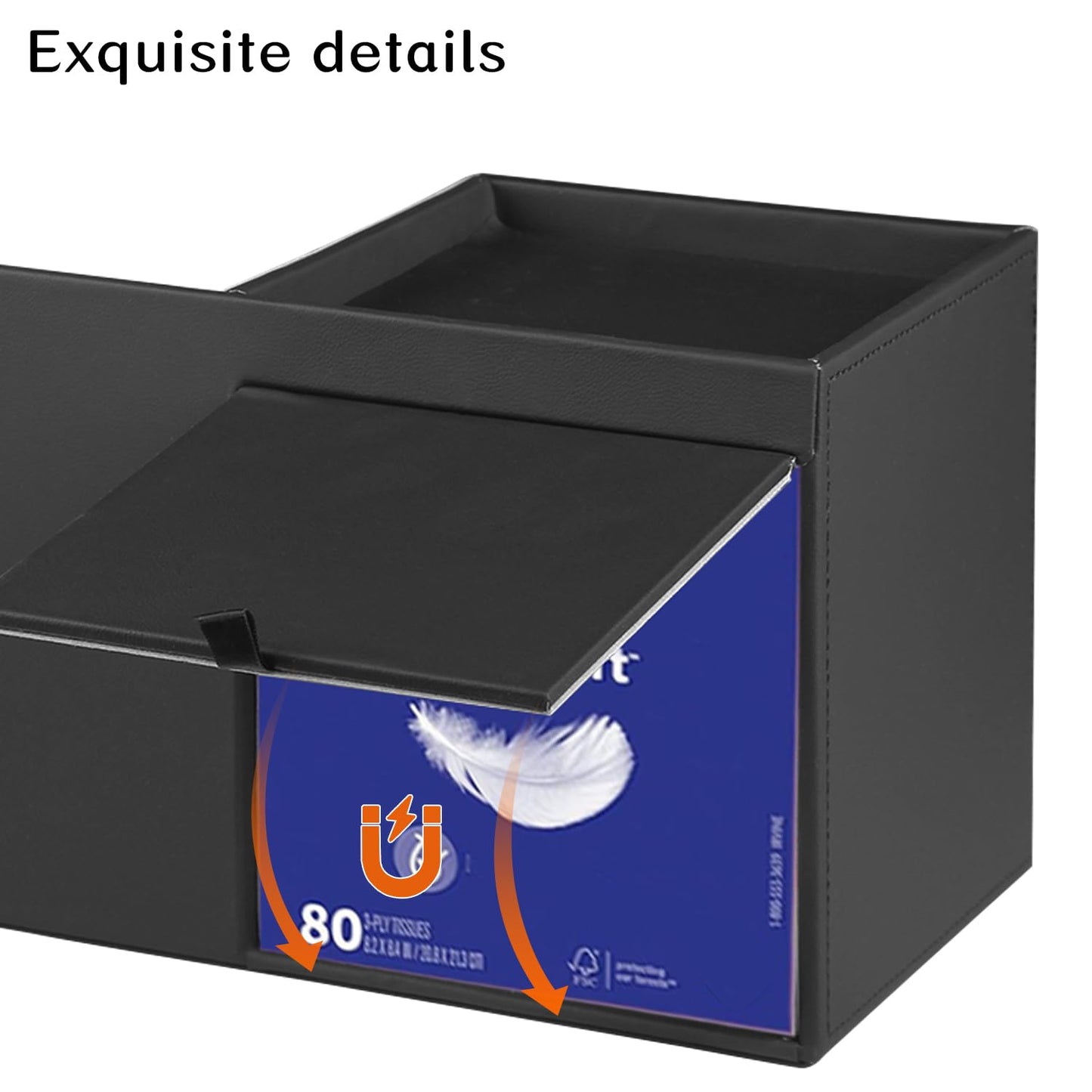 Leather Nightstand Organizer with Tissue Holder,Square Tissue Box Cover with Organizer, Decorative Modern Facial Paper Storage Box for Bathroom Living Room Vanity Table Countertop Office Black