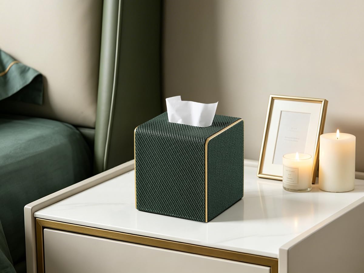 Square PU Leather Tissue Box Cover with Magnetic Closure, Decorative Tissue Holder & Storage Container for Bedroom, Living Room, Dining Room, Bathroom, Countertop, Desk (Square Dark Green Twill)