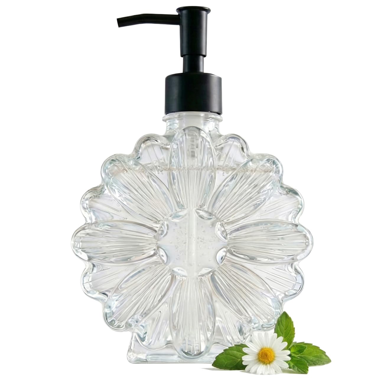 Aniced Flower Clear Glass Soap Dispenser Liquid Hand Countertop Cute Retro Floral Decorative Lotion Dispensers Refillable Hand Pump for Bathroom Kitchen Toilet Sinks Countertops 17 Oz (Black)
