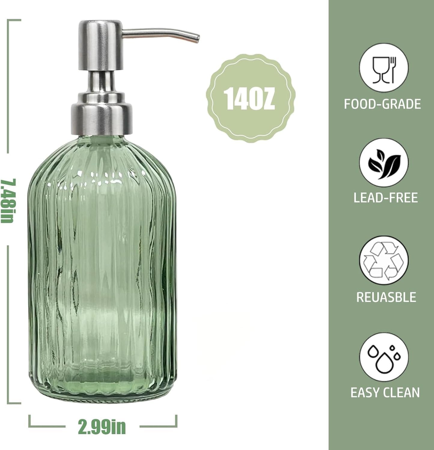 14Oz Green Soap Dispenser Bathroom - 2 Pack, Clear Glass Hand Soap Dispensers with Stainless Steel Pump, Refillable Dish Soap Dispenser for Kitchen, Countertop Soap Dispensers
