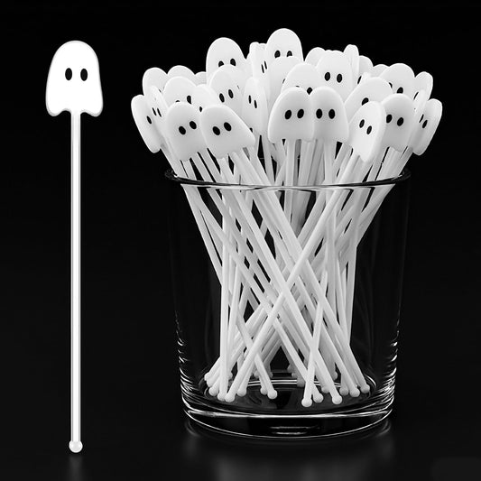 SiliFine 100 Pcs Halloween Swizzle Sticks Plastic Coffee and Cocktail Stirrers Halloween Drink Stirrers Reusable Cocktail Sticks for Thanksgiving Fall Party Tea Coffee Bar decoration(Ghost)