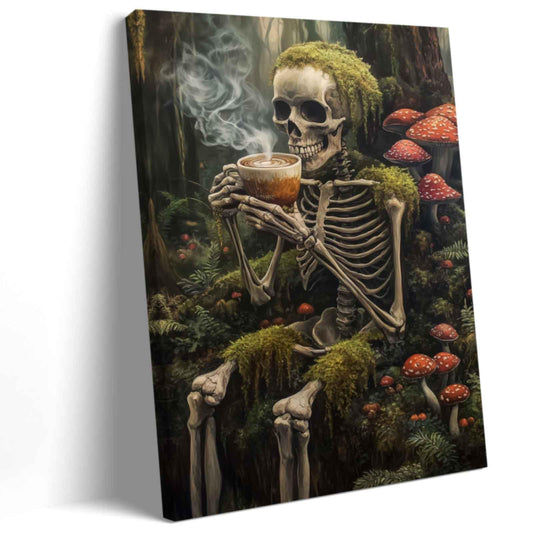 ZSHARTSWD Gothic Skull Canvas Wall Art Vintage Skeleton Drinking Coffee Picture Print Dark Forest Mushroom Painting Halloween Artwork for Gothic Bedroom Decor (Green, 18L x 12W)