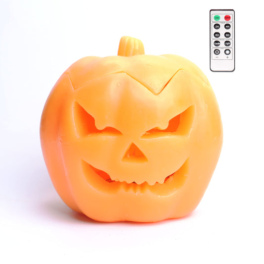 Halloween LED Jack-O-Lantern Pumpkin Lights Battery Operated, Scary Orang Pumpkin Halloween Flameless Flickering Real Wax Candle with Remote for Halloween Home Table Decoration（6'' Height
