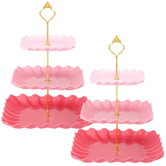 Lallisa 2 Pack Scalloped Cupcake Stand Dessert Plates Plastic Square Tiered Serving Stand Display Tower for Wedding, Birthday Party, Tea Party and Baby Shower(Pink Gradient)
