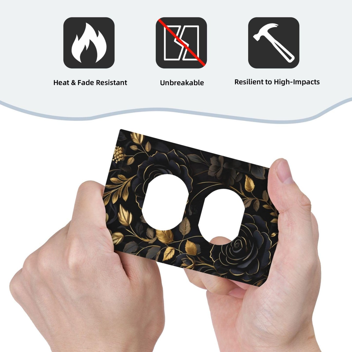 WMHUSU Decorative Outlet Covers Art Big Black Flowers Golden Leaves 1 Gang Wall Plate Receptacle Duplex Light Switch Cover Plate Single Dual Plug Covers Electrical Switchplate Faceplate (2 Pack)