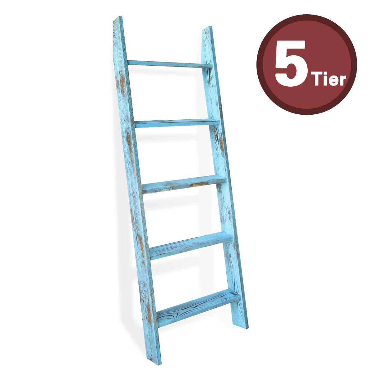 Honest Blanket Ladders for the Living Room, 5-Tier Blanket Holder, Wall-Leaning Blanket Rack, Ladder Shelves, Wooden Quilt Ladder, Farmhouse Decor, Blue