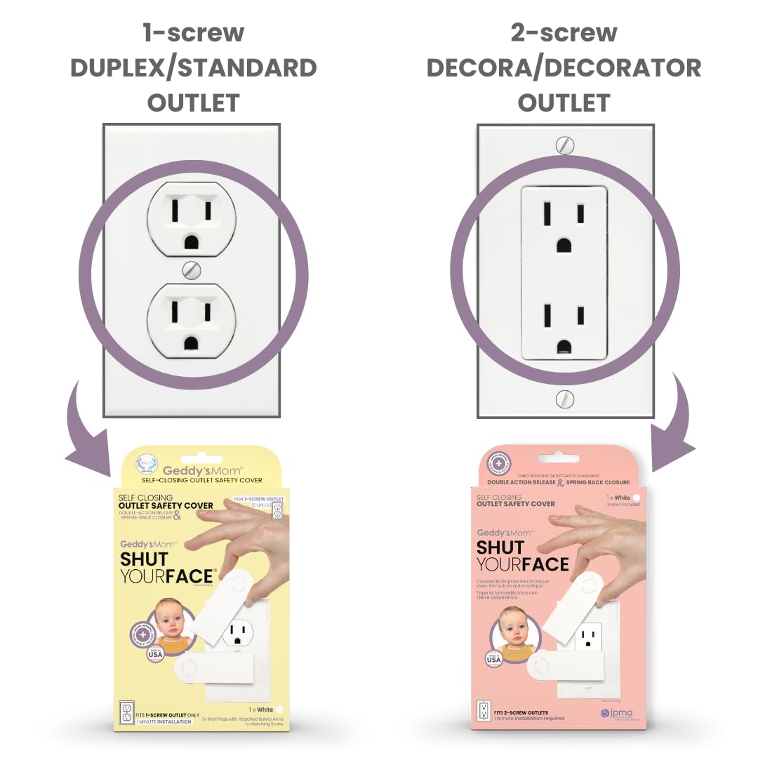Self-Closing Outlet Cover Plate System by Geddy’s Mom – Automatic Child Safety that Covers Outlets When Unplugged, Shut Your Face, Easy Install, Award-Winning Baby Proofing for 1-Screw Duplex Outlets