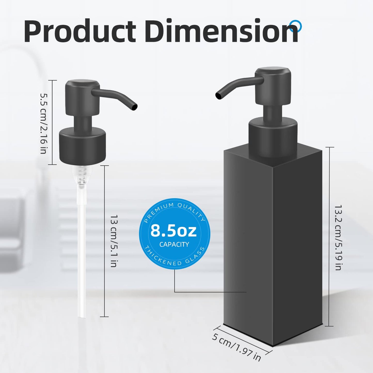 GLUBEE Black Soap Dispenser, Matte Black Stainless Steel, Rust-Proof Liquid Hand Dish Dispenser for Bathroom & Kitchen, 8.5 Oz Refillable Countertop Lotion Bottle (Square)