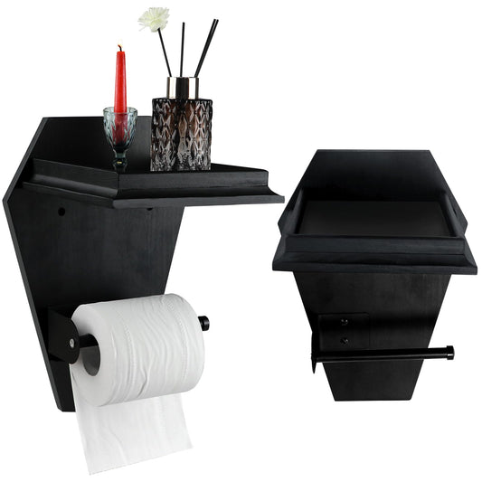 Coffin Toilet Paper Holder with Shelf - Goth Wooden Black Paper Roll Holder - Gothic Halloween Bathroom Decor - Goth Accessories Spooky Home Decor - Witchy Gifts for Women