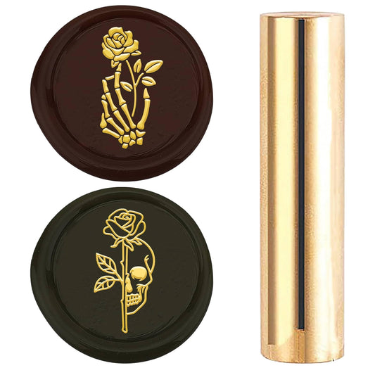 CRASPIRE 2 Side Pattern Skull Skeleton Hands Rose Wax Seal Stamp 15mm Mini Gothic Brass Gold Column Vintage Retro Sealing Stamps Flower Plant for Halloween Wedding Invitations Cards Bottle Decoration