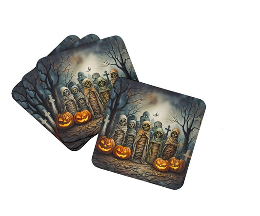 Caroline's Treasures Mummies Spooky Halloween Foam Coaster Set of 4 Cup Coasters for Indoor and Outdoor, Coaster for Tabletop Protection, Anti Slip, Mouse pad Material