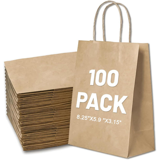 LIHOMR Gift Bags 8.25" X5.9 X3.15 100pcs Brown Kraft Paper Bag with Handles for Small Business Christmas Bulk, Wedding, Party Favor, Shopping, Lunch, Halloween Trick-or-Treat Bags