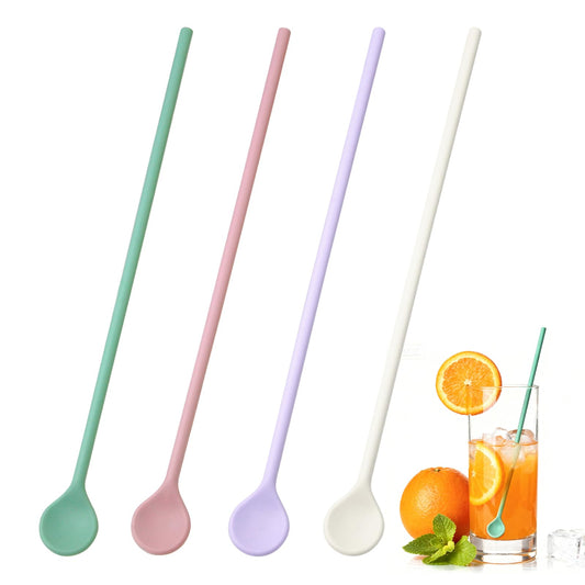 4 Pcs 10 inch Silicone Stirrer Spoons -Swizzle Stirrer Stick Multipurpose Multicolor Reusable Stirring Sticks for Cof Whiskey Beverage Formula Mixing Milk- Pastel Yellow, Purple, Pink, Green