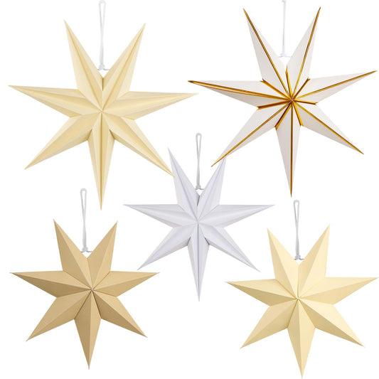 PAPER JAZZ 5 PCS Paper Star Lanterns Party Decorations,Paper Stars Christmas Hanging with Beige Brown Moravian Star,Boho Vintage Christmas Ornaments for Xmas Tree Wall Ceiling Decoration.