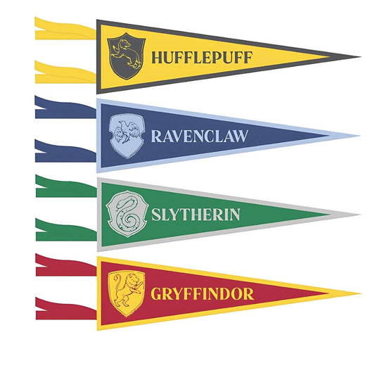 Multicolor Harry Potter Fabric Pennants - 16" x 6" (4 Pcs) | Assorted Magical Designs - Excellent for Wizard Fans & Party Decorations