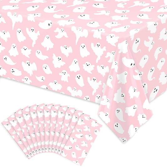 FYSUIMU 12Pcs Halloween Plastic Tablecloths White Pink Ghost Disposable Table Cover Rectangle Table Cloth for Halloween Party Decor, 54 x 108 Inch