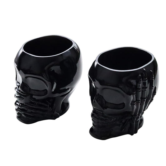 Set of 2 Gothic Home Decor, See No Evil Speak No Evil Skeleton Makeup Brush Holder, Black Skull Pen Holder & Succulent Planter - Cool Desk Accessories for Men & Women, Spooky Halloween Room Decor Gift